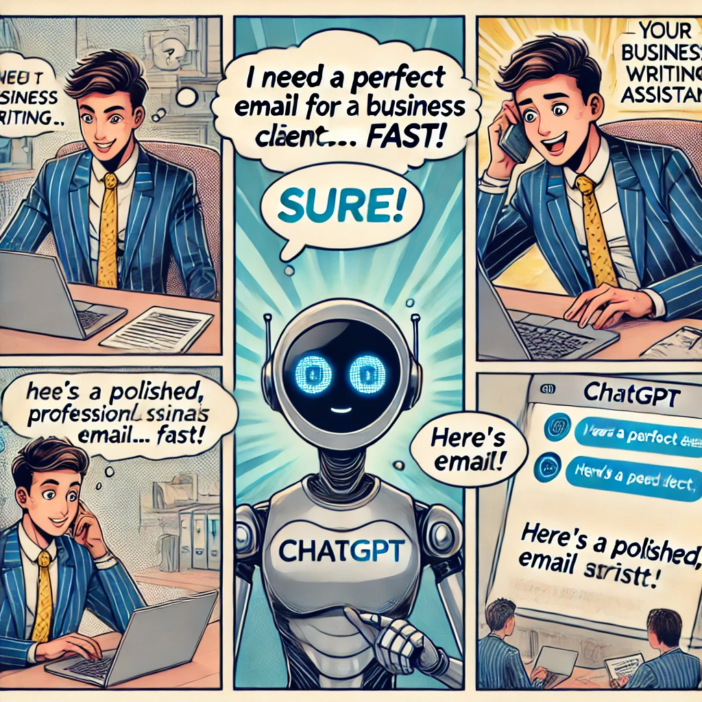 DALL·E 2025-03-26 10.23.34 - Comic strip style illustration with multiple panels showing ChatGPT helping with business writing. Panel 1_ A professional sitting at a desk, looking